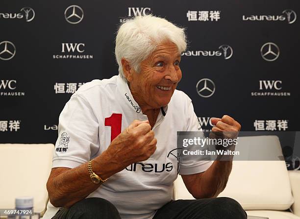 Laureus World Sports Academy member Dawn Fraser speaks during a media interview at the Shanghai Grand Theatre prior to the 2015 Laureus World Sports...