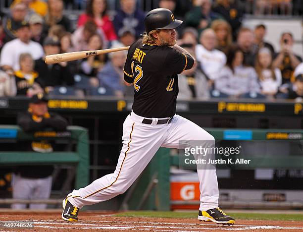 Corey Hart of the Pittsburgh Pirates bats during interleague play against the Detroit Tigers at PNC Park on April 14, 2015 in Pittsburgh,...