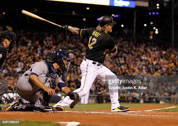 Corey Hart of the Pittsburgh Pirates bats during interleague play against the Detroit Tigers at PNC Park on April 14, 2015 in Pittsburgh,...