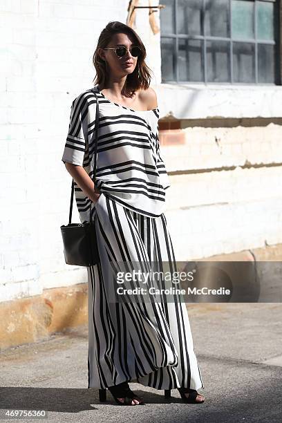 Eleanor Pendleton wearing an Ixiah outfit and a Celine handbag at Mercedes-Benz Fashion Week Australia 2015 at Carriageworks on April 15, 2015 in...