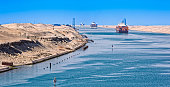 Perpective of the Suez Canal and ships passing through