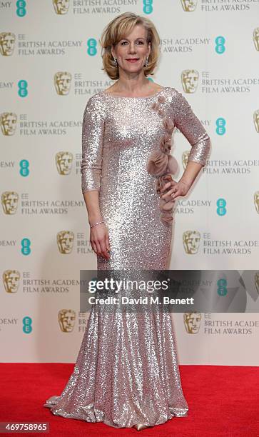 Presenter actress Juliet Stephenson poses in the winners room at the EE British Academy Film Awards 2014 at The Royal Opera House on February 16,...