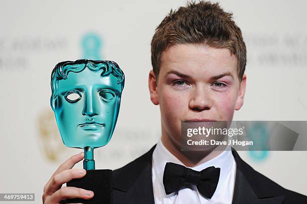 Will Poulter poses with his EE Rising Star Award in the winners room at the EE British Academy Film Awards 2014 at The Royal Opera House on February...