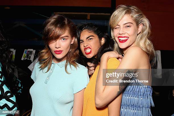 Models pose backstage ahead of the Manning Cartel show at Mercedes-Benz Fashion Week Australia 2015 at Carriageworks on April 15, 2015 in Sydney,...