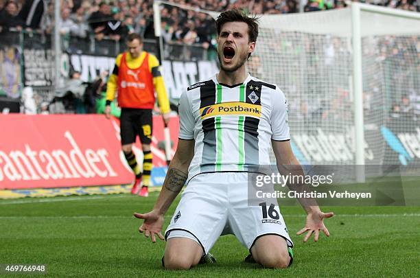 Havard Nordtveit of Borussia Moenchengladbach celebrate after their third goal during the Bundesliga match between Borussia Moenchengladbach and...