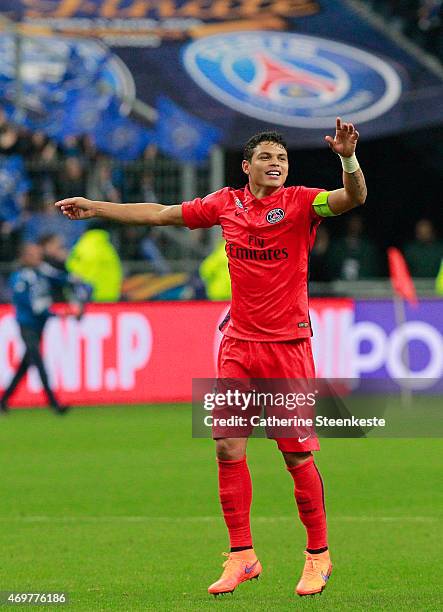 Thiago Silva of Paris Saint-Germain FC celebrates the victory of the French League Cup Final between SC Bastia and Paris Saint-Germain FC at Stade de...