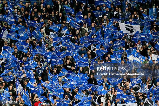The SC Bastia fans are chanting during the French League Cup Final game between SC Bastia and Paris Saint-Germain FC at Stade de France on April 11,...