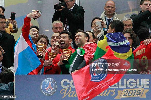 Javier Pastore of Paris Saint-Germain FC takes a selfie with Maxwell, Gregory Van Der Wiel, Marco Verratti, Ezequiel Lavezzi, and Salvatore Sirigu...