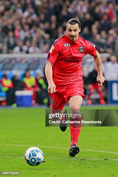 Zlatan Ibrahimovic of Paris Saint-Germain FC controls the ball during the French League Cup Final game between SC Bastia and Paris Saint-Germain FC...