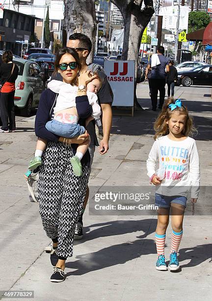 Jessica Alba is seen with her husband Cash Warren and daughters Honor Marie Warren and Haven Garner Warren on February 16, 2014 in Los Angeles,...