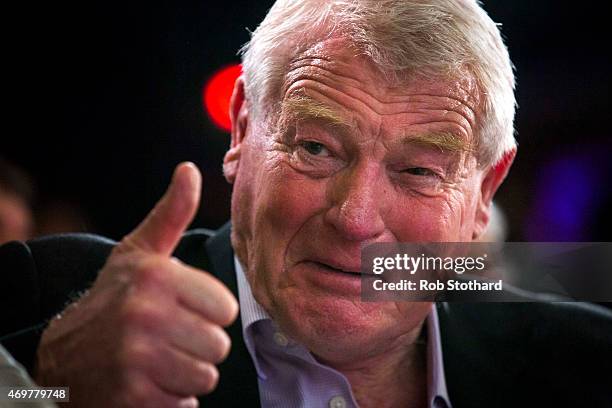 Paddy Ashdown, Chair of the Liberal Democrats 2015 General Election Team, listens as Liberal Democrat leader Nick Clegg speaks at the launch of his...