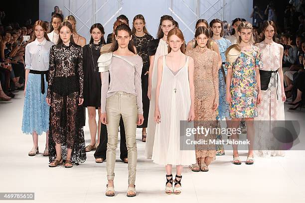 Model walks the runway during the Kate Sylvester show at Mercedes-Benz Fashion Week Australia 2015 at Carriageworks on April 15, 2015 in Sydney,...