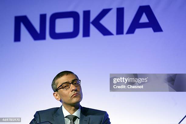 Multinational communications Nokia's Chief Executive Rajeev Suri attends a press conference, on April 15, 2015 in Paris, France. Michel Combes and...