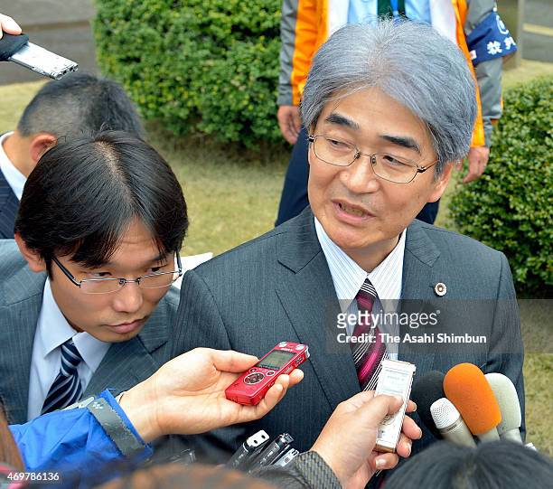 Hiroshi Tanaka, a lawyer representing the Kansai Electric Power Co, speaks after the Fukui District Court's ruling against the restarts of two...