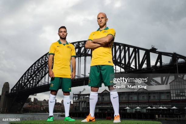 Mark Bresciano and Michael Zullo pose during the Australian Socceroos 2014 FIFA World Cup kit launch on February 17, 2014 in Sydney, Australia.