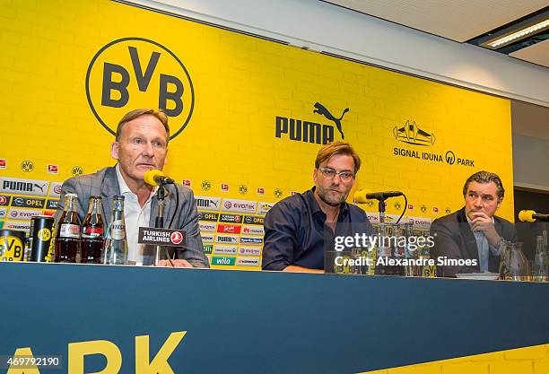 Hans-Joachim Watzke Juergen Klopp and Michael Zorc of Dortmund attends a press conference at Signal Iduna Park on April 15, 2015 in Dortmund, Germany.