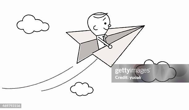 flying on paper plane - guy looking down smiling stock illustrations