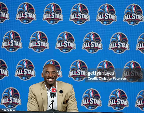 Kobe Bryant of the Los Angeles Lakers addresses the media before the 2014 NBA All-Star game at the Smoothie King Center on February 16, 2014 in New...