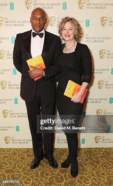 Colin Salmon and Fiona Hawthorne attend the official dinner party after the EE British Academy Film Awards at The Grosvenor House Hotel on February...