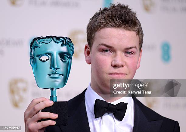 Will Poulter poses with his EE Rising Star Award in the winners room at the EE British Academy Film Awards 2014 at The Royal Opera House on February...