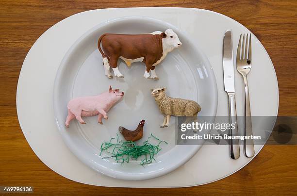 What we eat - Symbol photo on the topics of healthy living. Our picture shows a cow, a pig, a scheep and a chicken with plate and cutlery.