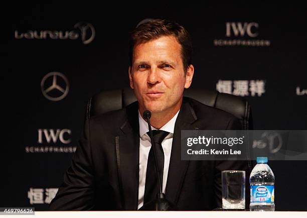 Oliver Bierhoff, Team Manager of the German National Football Team poses with the Team of the Year Award on behalf of the German National Football...