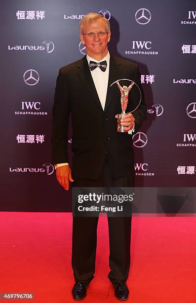 Laureus World Action Sportsperson of the Year 2015 winner and Skydiver Alan Eustace of USA poses with his award at the winners photocall during the...