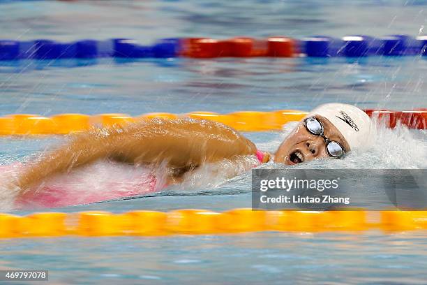 Zhang Yuhan of China compete in the Women's 800 meters freestyle final on day seven of the China National Swimming Championships on April 15, 2015 in...