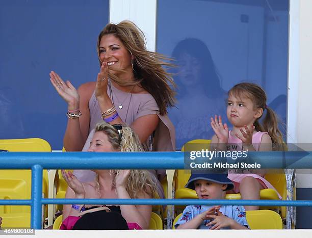 Daniella Anderson the wife of England cricketer James Anderson looks on alongside daughter Ruby Luxe ) during day three of the 1st Test match between...