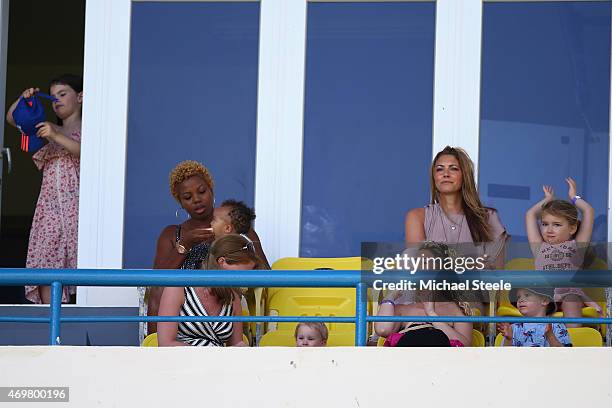 Daniella Anderson the wife of England cricketer James Anderson looks on alongside daughters Ruby Luxe and Lola Rose during day three of the 1st Test...