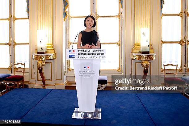 French minister of Culture and Communication Fleur Pellerin attends the Reception in honor of the Nominated Molieres 2015 at Ministere de la Culture...