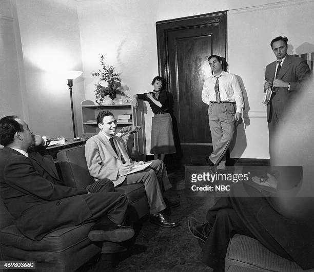 Pictured: , Writers Joseph Stein, Mel Brooks, Imogene Coca, Sid Caesar, Mel Tolkin in 1951 --