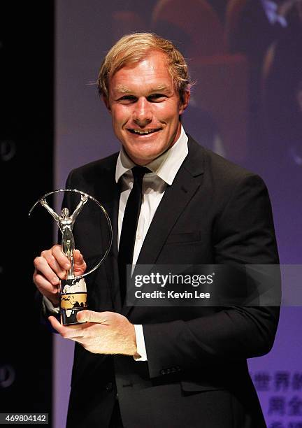 Laureus World Comeback of the Year 2015 winner and Rugby player Schalk Burger of South Africa poses with his award at the winners press conference...