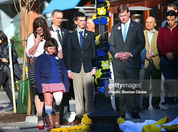 The two year anniversary of the Boston Marathon bombings was marked by a banner unveiling on Boylston Street at the finish line area. In front of the...