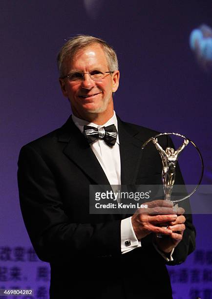 Laureus World Action Sportsperson of the Year 2015 winner and Skydiver Alan Eustace of USA poses with his award at the winners press conference...