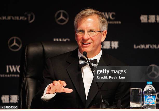 Laureus World Action Sportsperson of the Year 2015 winner and Skydiver Alan Eustace of USA talks at the winners press conference during the 2015...