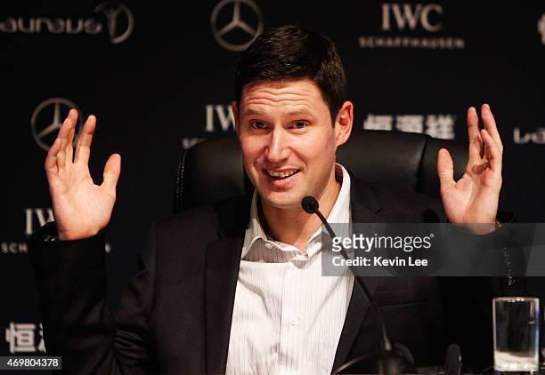 Sport for Good award winner Skateboarder Oliver Percovich talks at the winners press conference during the 2015 Laureus World Sports Awards at the...