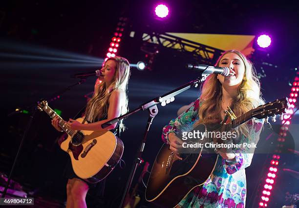 Vocalists Taylor Dye and Madison Marlow of the musical duo Maddie and Tae perform at the "Reba and Friends Outnumber Hunger" concert event on...