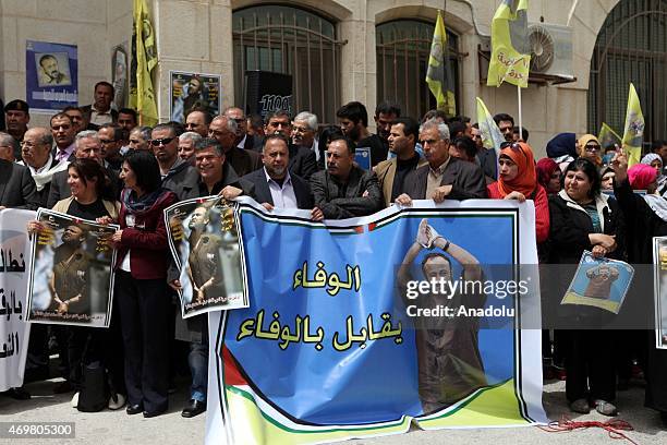 Group of Palestinian gather to hold a demonstration demanding the release of Marwan Barghouti, leader of the Palestinian group Fatah, prisoned in the...