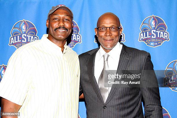 Former NBA Players Karl Malone and Clyde Drexler arrive on the Red Carpet prior to the 2014 NBA All-Star Game at Smoothie King Center on February 16,...
