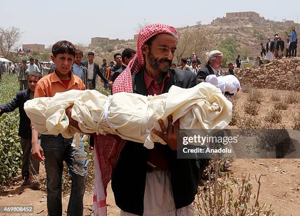 Funeral ceremony for the 9 victims from al-Baisi family killed in Saudi-led coalition airstrikes against Houthis held in al-Habiyl village of Ibb in...