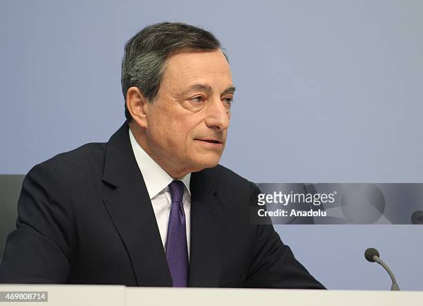 President of the European Central Bank Mario Draghi holds a press conference to announce the bank's interest rate decision at the ECB headquarters in...
