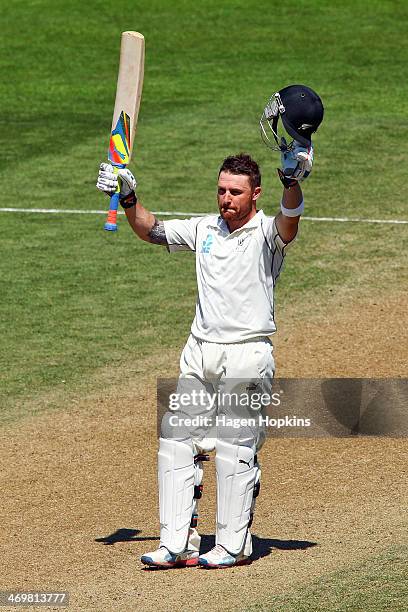 Brendon McCullum of New Zealand celebrates his double century during day four of the 2nd Test match between New Zealand and India on February 17,...