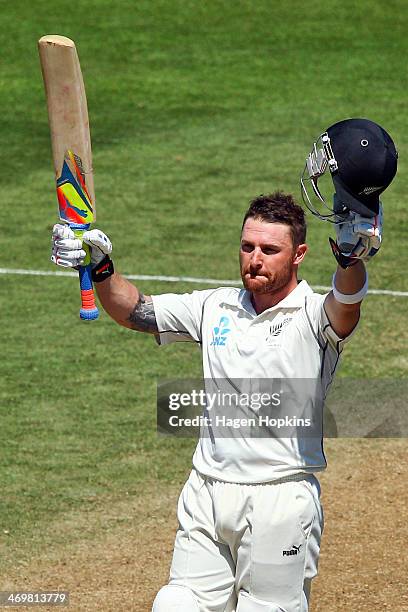 Brendon McCullum of New Zealand celebrates his double century during day four of the 2nd Test match between New Zealand and India on February 17,...