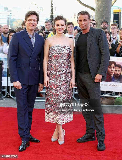 Director Thomas Vinterberg, actress Carey Mulligan and actor Matthias Schoenaerts attend the World Premiere of "Far From The Madding Crowd" at BFI...