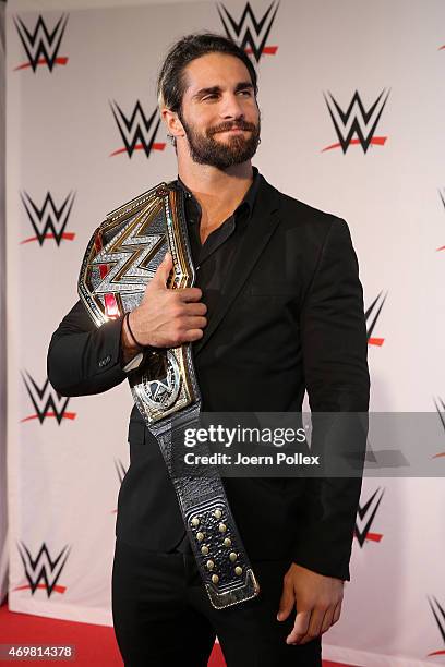 Seth Rollins is pictured on the red carpet prior to the WWE Live event at O2 World on April 15, 2015 in Hamburg, Germany.