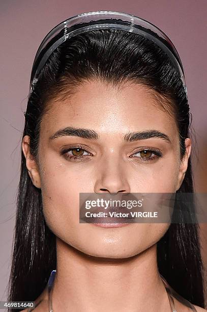 Model walks the runway at Sacada show during the SPFW Summer 2016 at Parque Candido Portinari on April 14, 2015 in Sao Paulo, Brazil.