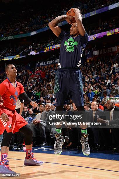 DeMar DeRozan of the Eastern Conference All-Stars shoots during the 2014 NBA All-Star Game as part of the 2014 All-Star Weekend at Smoothie King...