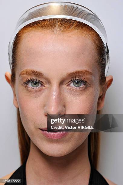 Model backstage at the Sacada show during the SPFW Summer 2016 at Parque Candido Portinari on April 14, 2015 in Sao Paulo, Brazil.