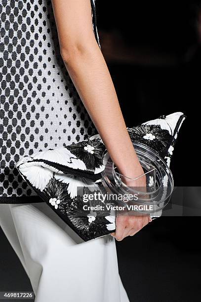 Model walks the runway at Sacada show during the SPFW Summer 2016 at Parque Candido Portinari on April 14, 2015 in Sao Paulo, Brazil.